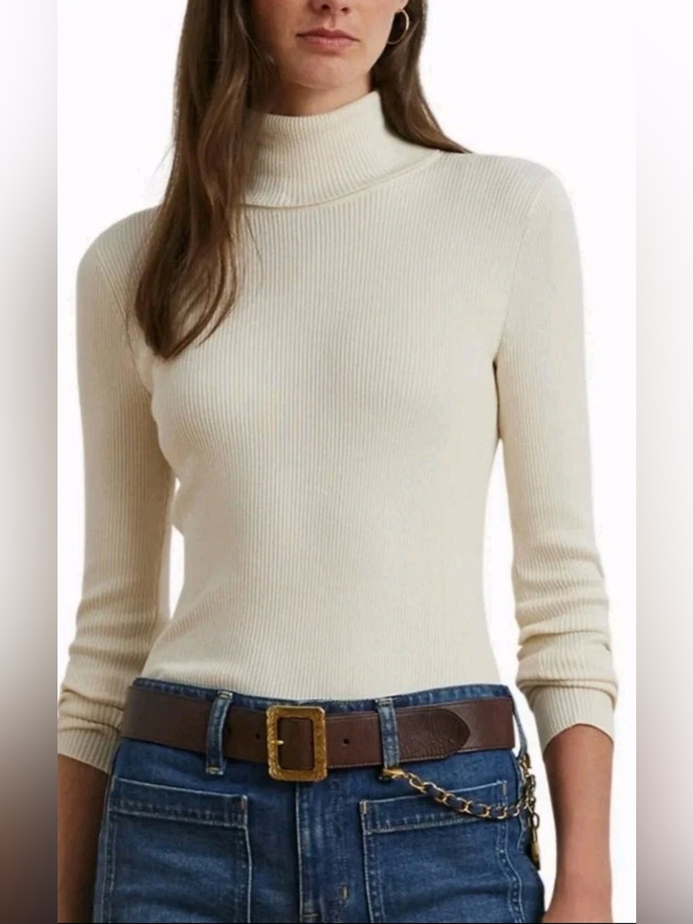 Lauren Ralph Lauren Cream Ribbed Turtleneck Sweater Cotton Modal Petite PS